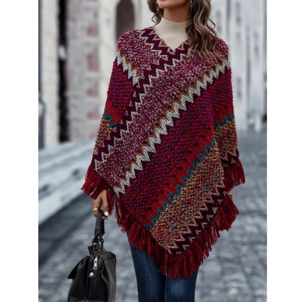 Chevron Fringe Hem Poncho Sweater multi color - Picture 2 of 7